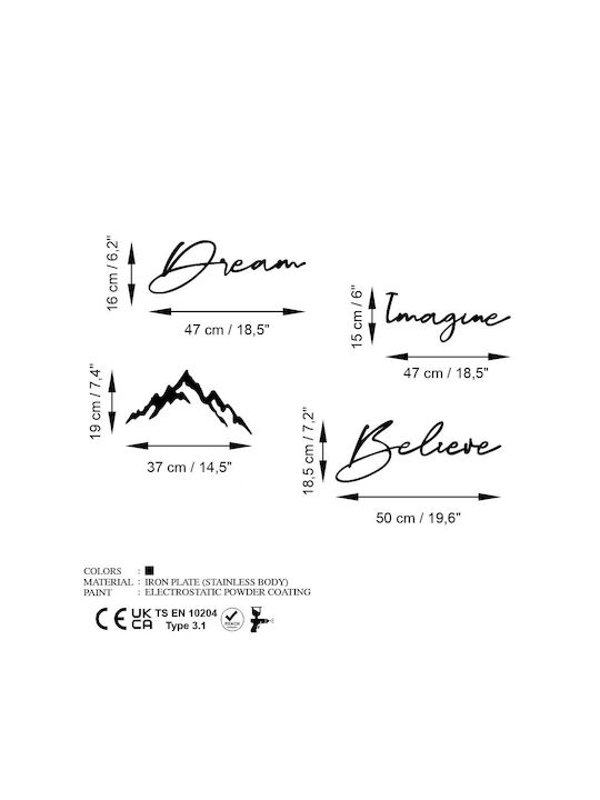 Wall Decor Dream Imagine Believe Set of 4pcs 891tnl3341 47x16 47x15 37x19 50x18.5cm Black Wallity Metal