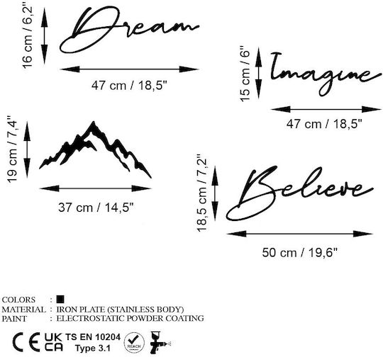Wall Decor Dream Imagine Believe Set of 4pcs 891tnl3341 47x16 47x15 37x19 50x18.5cm Black Wallity Metal