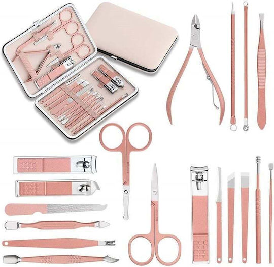 Manicure Pedicure Set 18 Pieces Stainless Steel Portable Case Pink