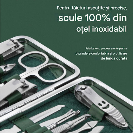 Set Manichiură Pedichiură H&s 14 Piese Oțel Inoxidabil Geantă De Depozitare Verde