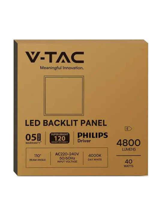 V-TAC Τετράγωνο Χωνευτό LED Panel 40W με Ψυχρό Λευκό Φως 6500K 60x60εκ.