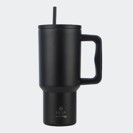 Estia Straw Tumbler XL Save the Aegean Recyclable Handled Tumbler Thermos Stainless Steel BPA Free 900ml Midnight Black with Straw and Handle