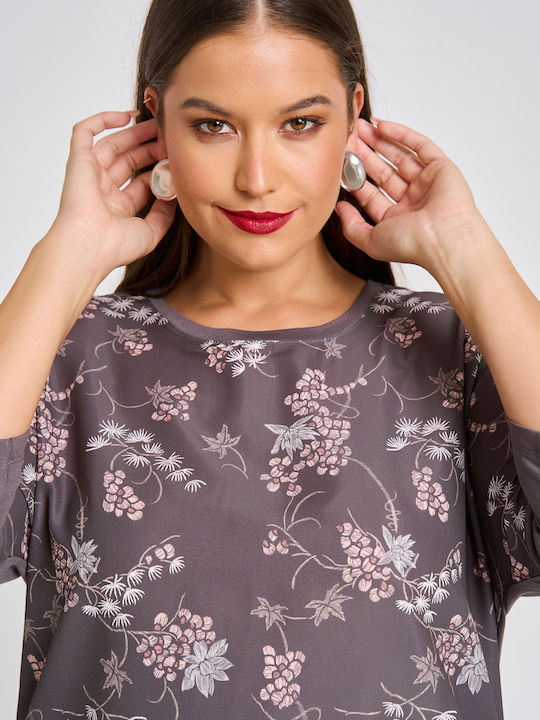 Damen Bluse Satin mit 3/4 Ärmel Blumen Gray