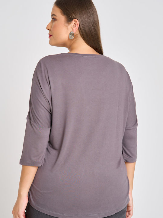 Damen Bluse Satin mit 3/4 Ärmel Blumen Gray