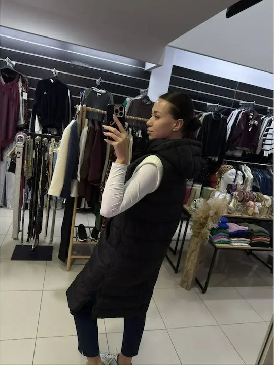 Μακρύ Γυναικείο Αμάνικο Μπουφάν για Χειμώνα Μαύρο