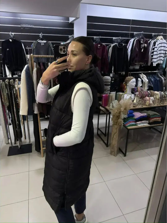 Μακρύ Γυναικείο Αμάνικο Μπουφάν για Χειμώνα Μαύρο