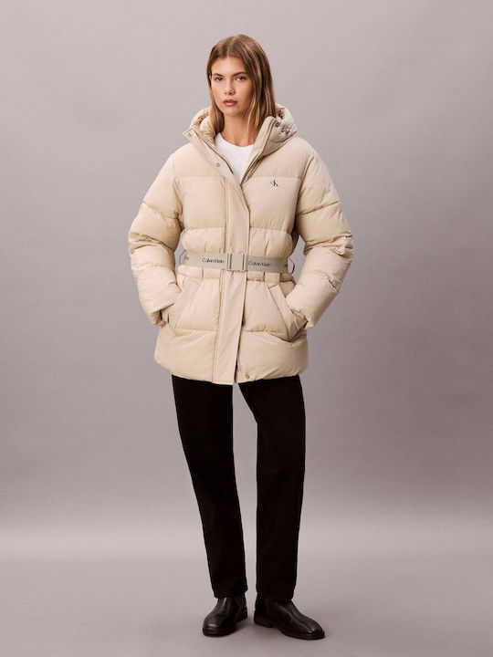 Women's Puffer Jacket Waterproof and Windproof for Winter with Hood Beige