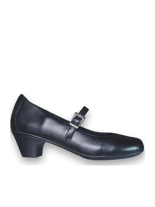 Leder Pumps mit Riemchen & flacher Absatz Schwarz
