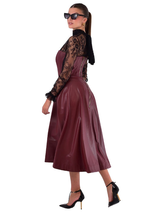 Rochie Midi De Seara Din Piele Cu Dantelă Burgundy