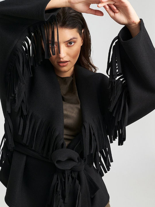 Damen Schwarz Kurzmantel mit Gürtel