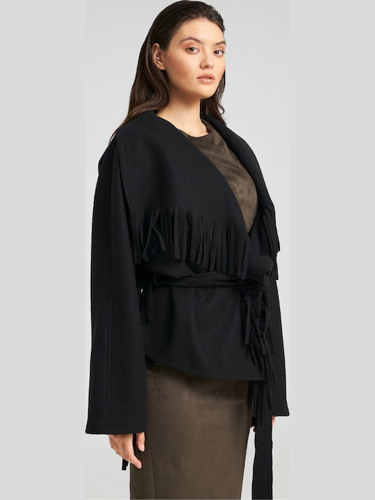 Damen Schwarz Kurzmantel mit Gürtel
