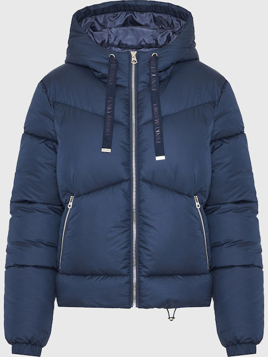 Women's Crop Puffer Jacket for Winter with Hood Navy Blue