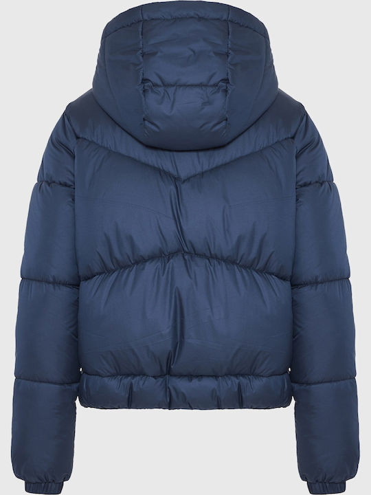 Women's Crop Puffer Jacket for Winter with Hood Navy Blue