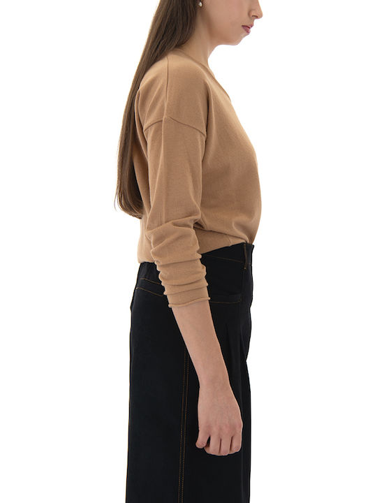 Damen Langarm Pullover mit V-Ausschnitt Black, Camel