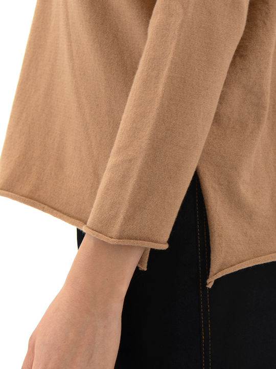 Damen Langarm Pullover mit V-Ausschnitt Black, Camel