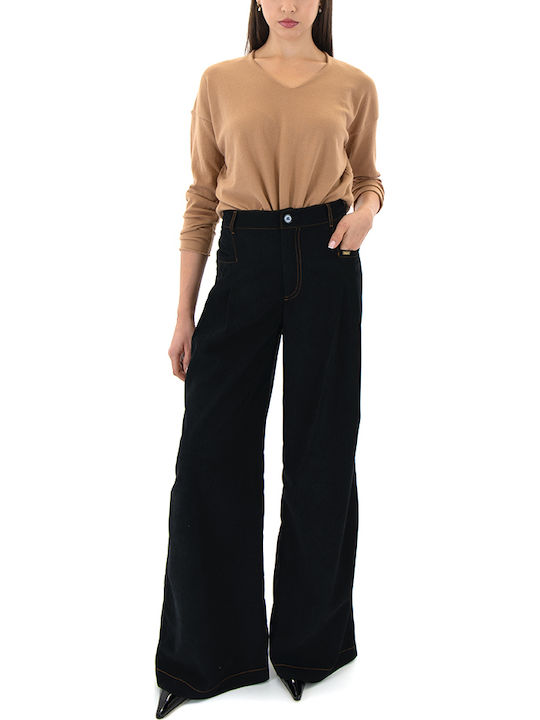 Damen Langarm Pullover mit V-Ausschnitt Black, Camel