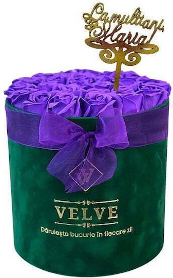 Aranjament Floral Radiance În Cutie Rotundă Verde 25 Trandafiri Săpun „La Mulți Ani Maria!” Decor Mov