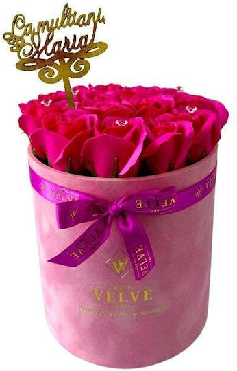 Aranjament Floral Crystal Beauty 15 Trandafiri Săpun Handmade Cristale În Cutie Roz Catifea Topper Fuchsia „La Mulți Ani Maria!”