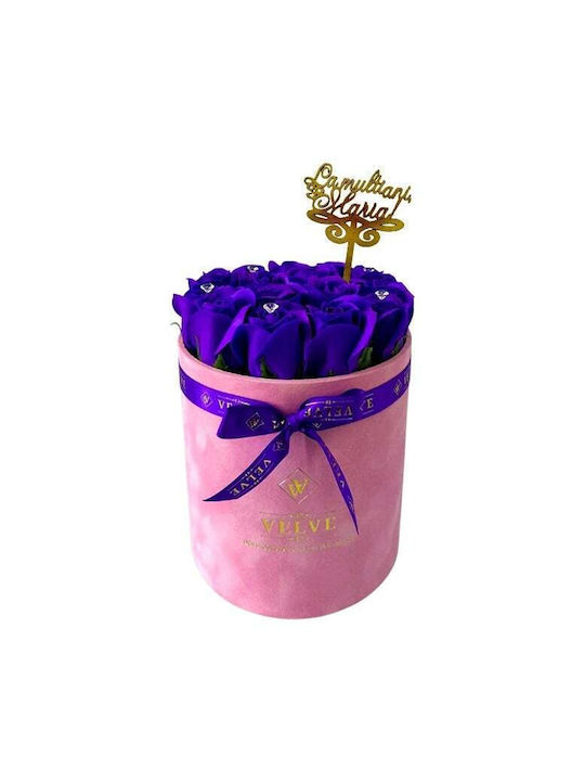 Aranjament Floral Crystal Beauty 15 Trandafiri Săpun Handmade Cristale În Cutie Catifea Roz Decor „La Mulți Ani Maria!” Albastru Indigo