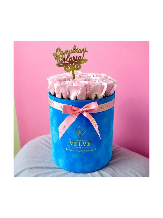 Aranjament Floral Crystal Beauty 15 Trandafiri Săpun Handmade Cristale În Cutie Catifea Albastră Topper Roz „La Mulți Ani Maria!”