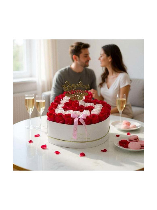 Aranjament Floral Passion 45 Trandafiri Săpun În Cutie În Formă De Inimă Topper „La Mulți Ani Maria” Roșu-Roz