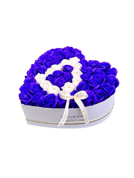 Aranjament Floral Personalizat Litera Cutie Inimă Albă 55 Trandafiri Săpun Albastru-alb