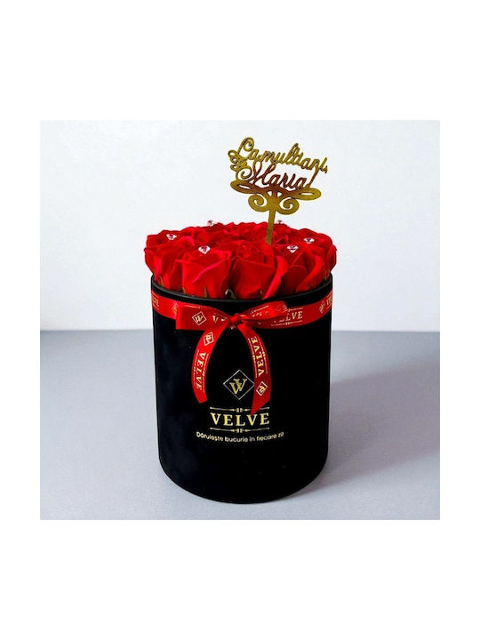 Aranjament Floral Crystal Beauty 15 Trandafiri Săpun Handmade Cristale În Cutie Catifea Neagră Topper Roșu „La Mulți Ani Maria!”