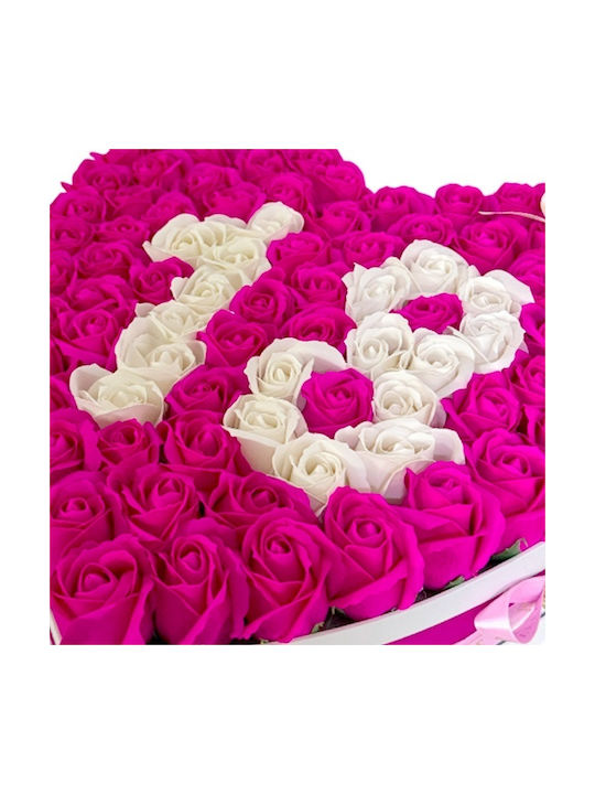 Aranjament Floral Personalizat Numărul 18 În Cutie În Formă De Inimă 115 Trandafiri Săpun Roz-Alb