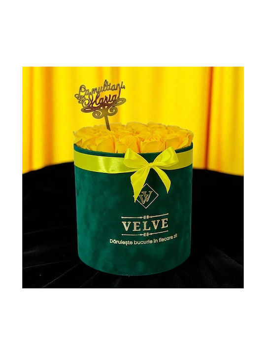 Aranjament Floral Radiance În Cutie Rotundă Verde 25 Trandafiri Săpun „La Mulți Ani Maria!” Decor Galben