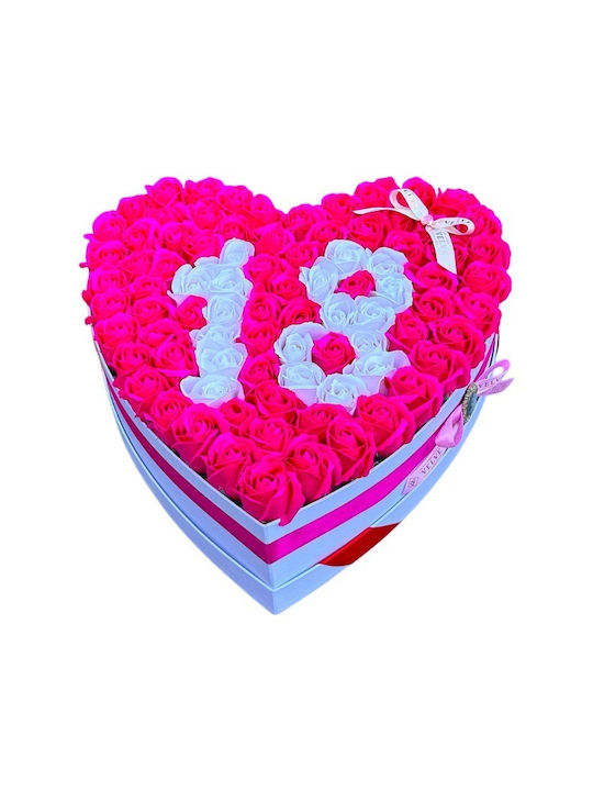 Aranjament Floral Personalizat Numărul 18 În Cutie În Formă De Inimă 115 Trandafiri Săpun Roz-Alb