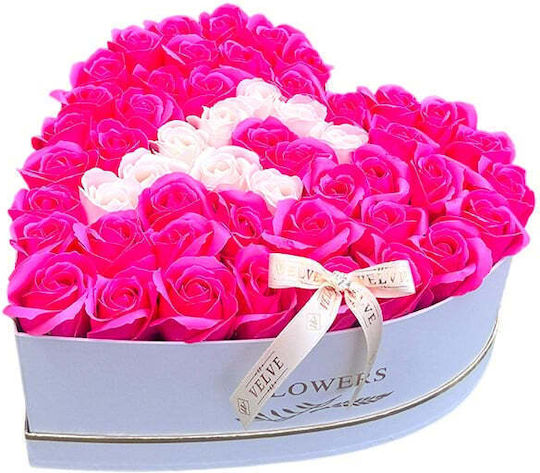 Aranjament Floral Personalizat Litera Cutie Inimă Albă 55 Trandafiri Săpun Fucsia-Albi