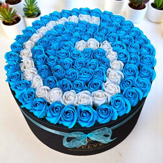 Aranjament Floral Personalizat Litere Cutie Rotundă Neagră 115 Trandafiri Săpun