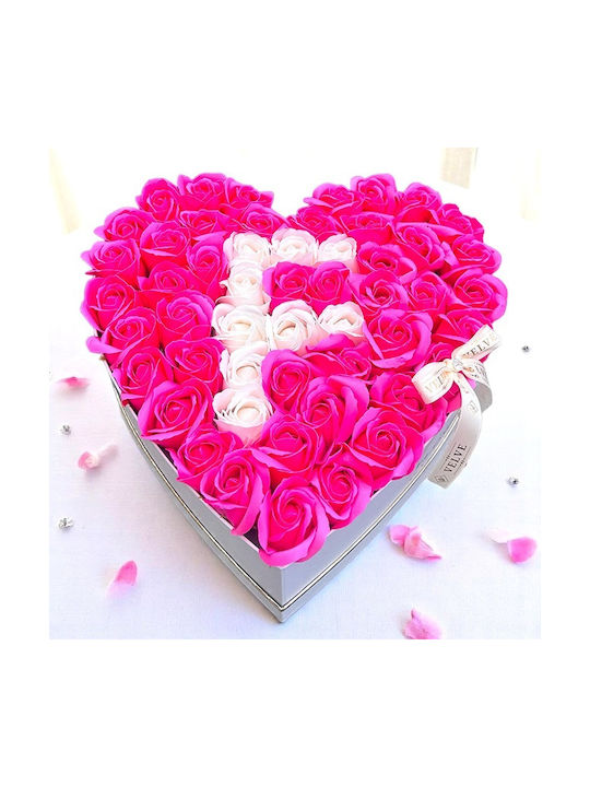 Aranjament Floral Personalizat Litera Cutie Inimă Albă 55 Trandafiri Săpun Fucsia-Albi