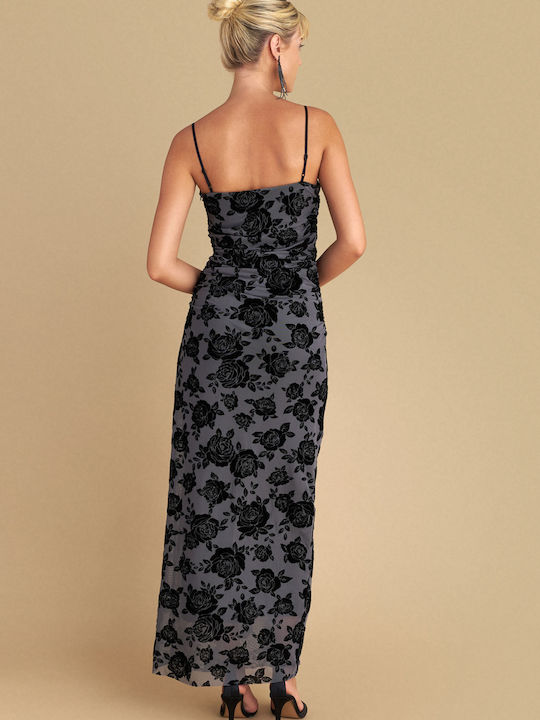 Maxi Evening Velvet Drape Dress Grey
