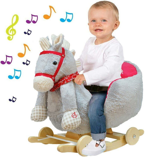 Bakaji Wooden Rocking Toy Horse for 10+ months with Sounds, Music & Wheels with Max Load Capacity 30kg Gray