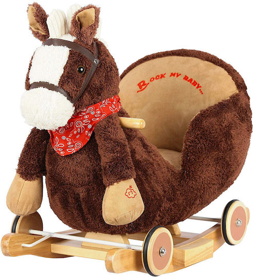 Bakaji Wooden Rocking Toy Horse for 10+ months with Music & Wheels with Max Load Capacity 30kg Brown