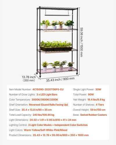 Vevor Desk Grow Light 3000K with LED and Power 90W