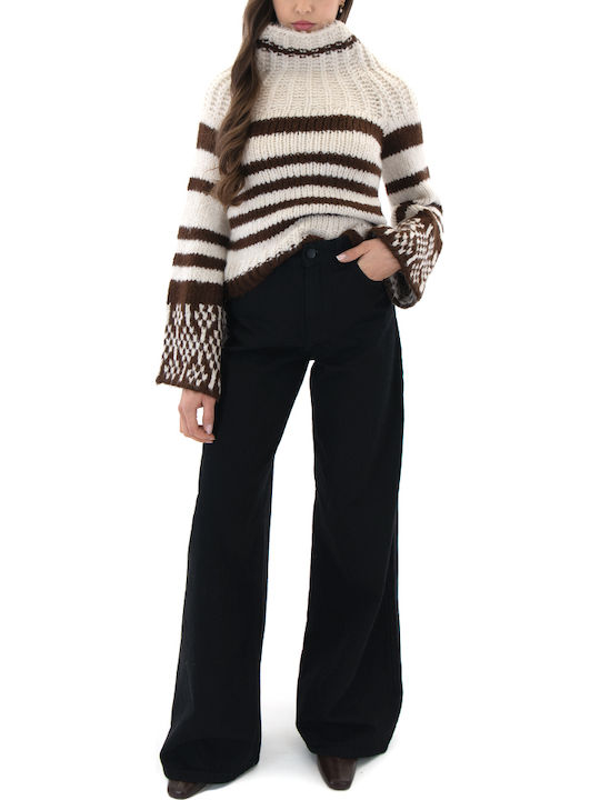 Women's Long Sleeve Crop Sweater Striped Ecru-brown