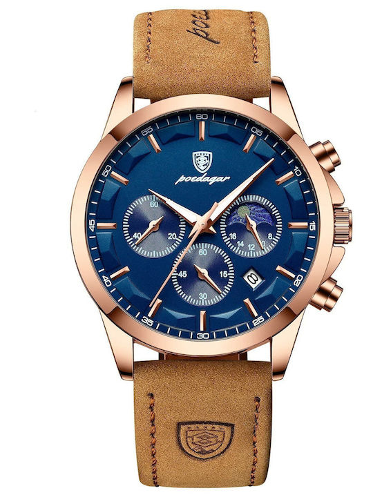 Poedagar Herrenuhr 42mm Batterie mit Braun Lederarmband