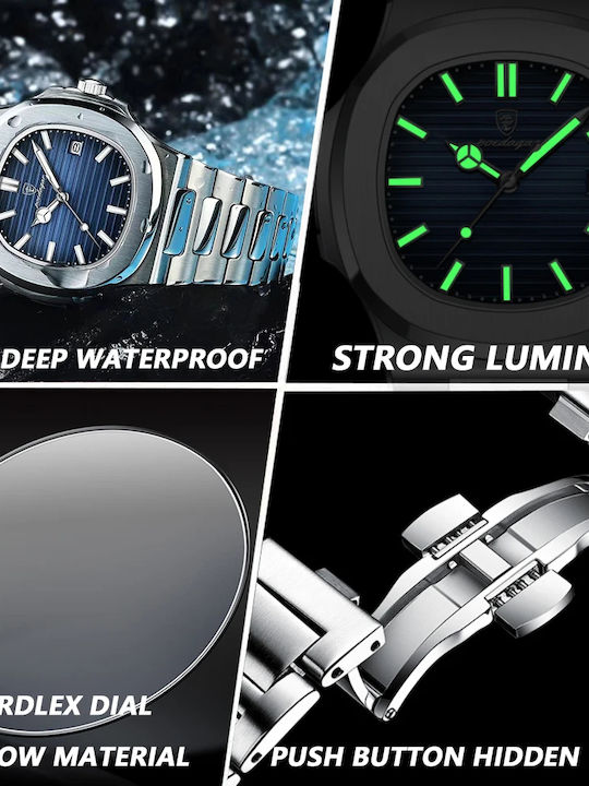 Poedagar Men's Watch 43mm Battery with Silver Metal Bracelet