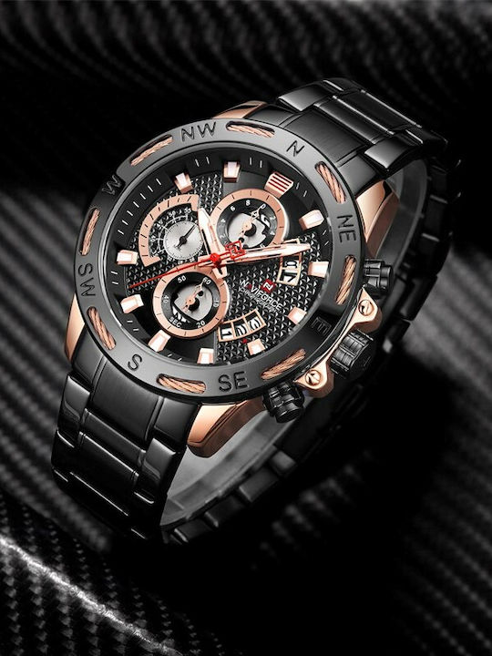 Naviforce Ceas Bărbați 24mm Cronograf Baterie Cu Brățară Din Metal Neagră