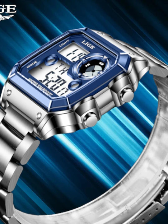 Lige Ceas Digital Pentru Bărbați 23mm Cronograf Cu Baterie Și Brățară Din Metal Argintie
