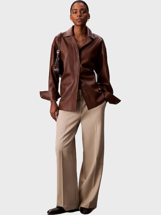 Women's Leather Long Sleeve Shirt Brown