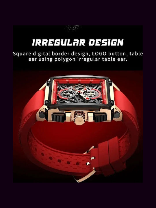 Lige Men's Watch 40mm Battery with Red Rubber Strap