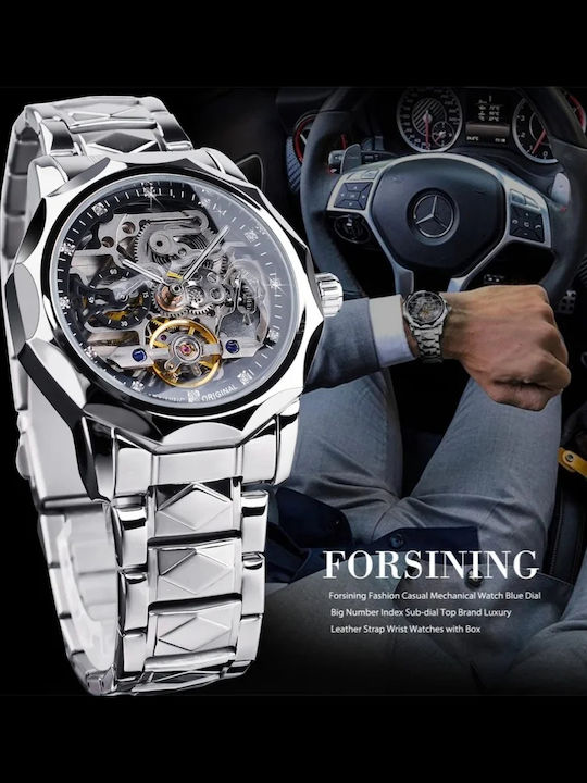 Forsining Ceas Barbati 42mm Automat Cu Brățară Din Metal Argintie