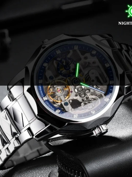 Forsining Ceas Barbati 42mm Automat Cu Brățară Din Metal Argintie