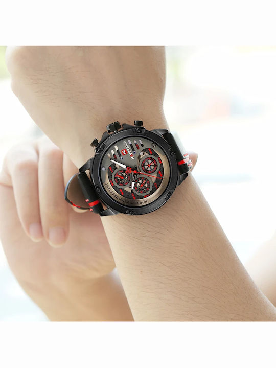 Naviforce Ceas Bărbați 48mm Cronograf Baterie Cu Curea Din Piele Neagră