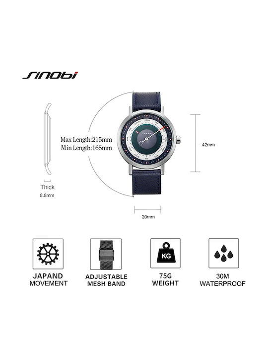 Sinobi Herrenuhr 20mm Batterie mit Blau Lederarmband
