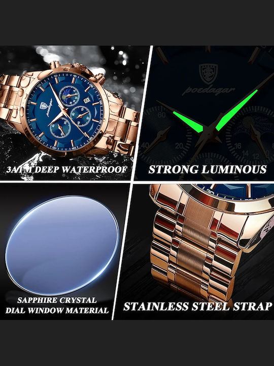 Ceas Bărbați 42mm Cronograf Baterie Cu Brățară Din Metal Rose Gold