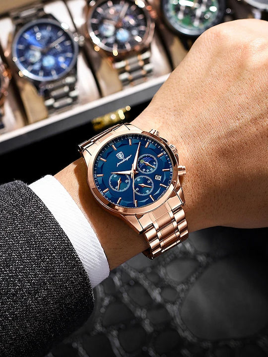 Ceas Bărbați 42mm Cronograf Baterie Cu Brățară Din Metal Rose Gold